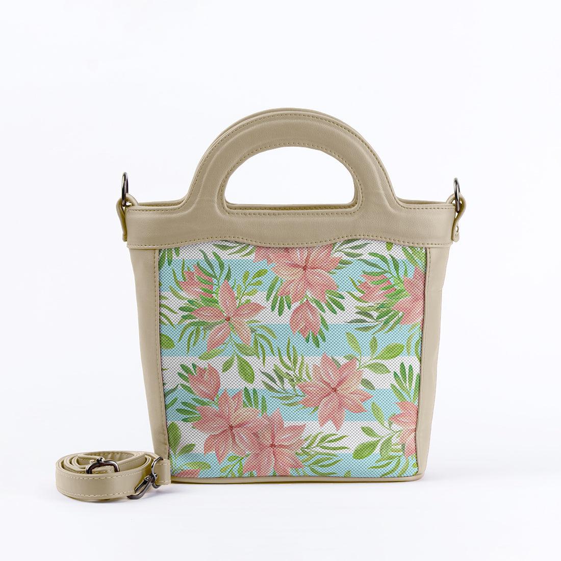 Beige Top Handle Handbag Floral Blue Lines - CANVAEGYPT