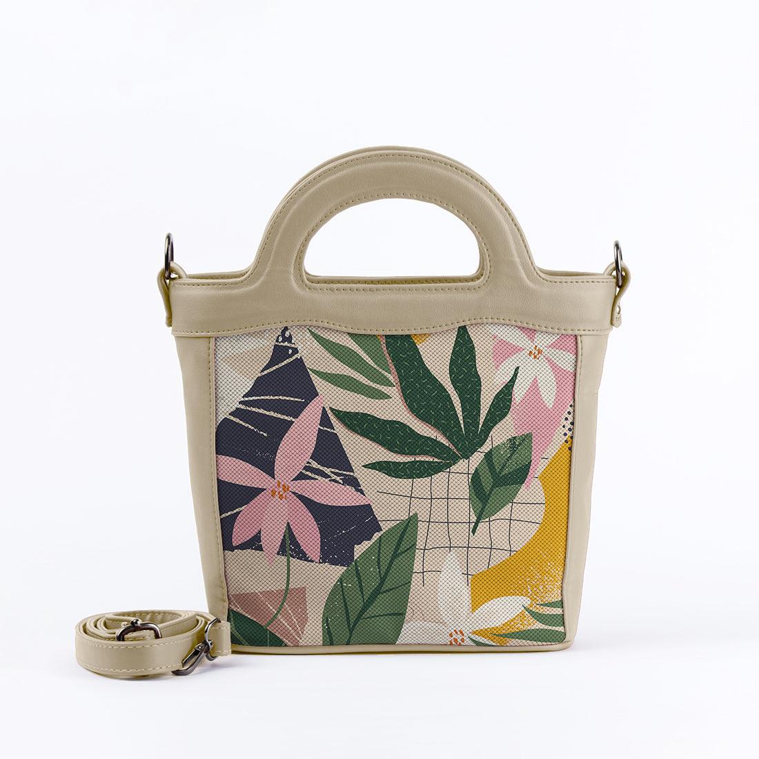 Beige Top Handle Handbag Leafs - CANVAEGYPT