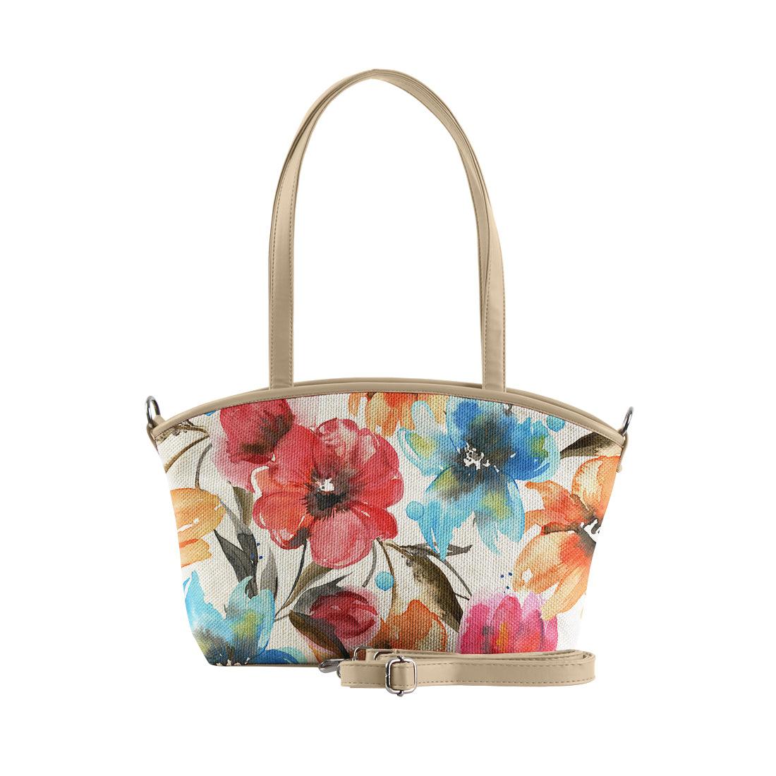 Beige Wide Tote Bag White Floral - CANVAEGYPT