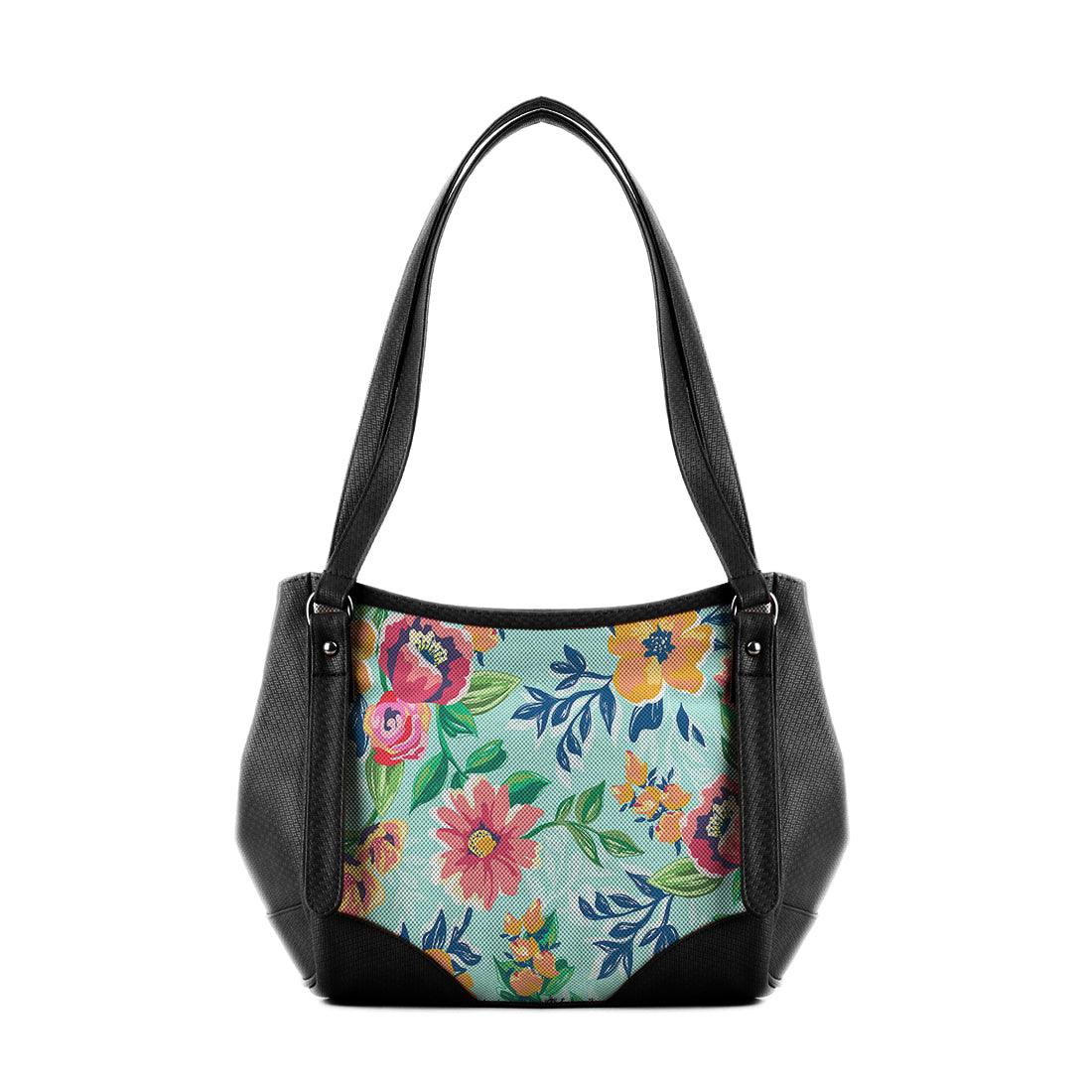 Black Leather Tote Bag Cyan Floral - CANVAEGYPT