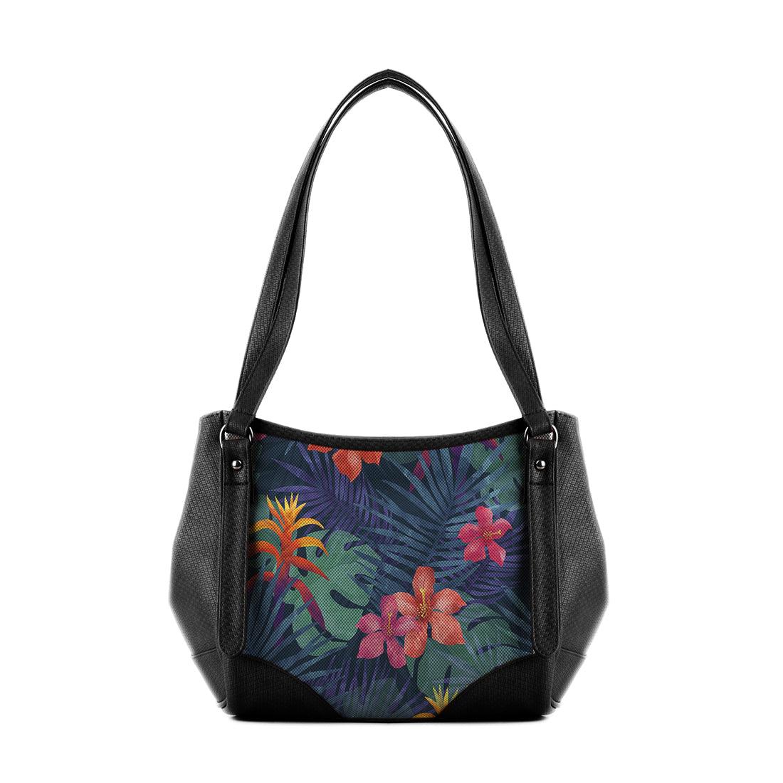 Black Leather Tote Bag Dark Floral - CANVAEGYPT