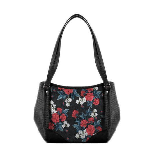 Black Leather Tote Bag Dark Roses - CANVAEGYPT