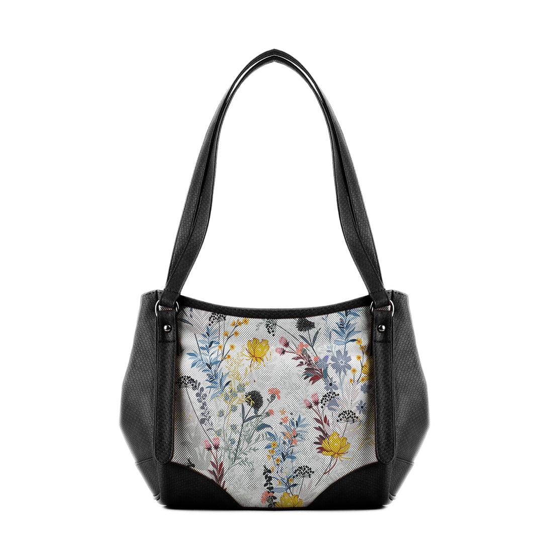 Black Leather Tote Bag Floary - CANVAEGYPT