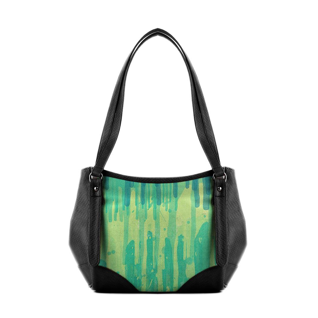 Black Leather Tote Bag Green Lines - CANVAEGYPT