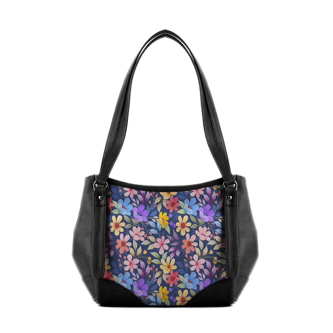 Black Leather Tote Bag Purple Floral - CANVAEGYPT