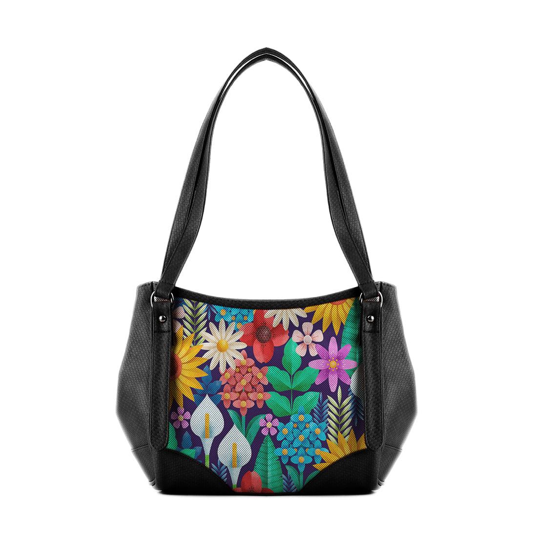 Black Leather Tote Bag Standing Flowers - CANVAEGYPT