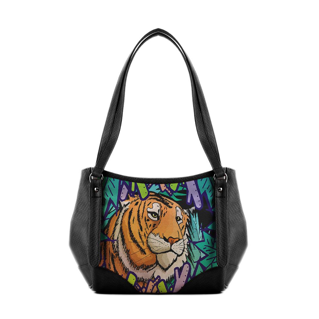 Black Leather Tote Bag Tiger In The Jungle - CANVAEGYPT