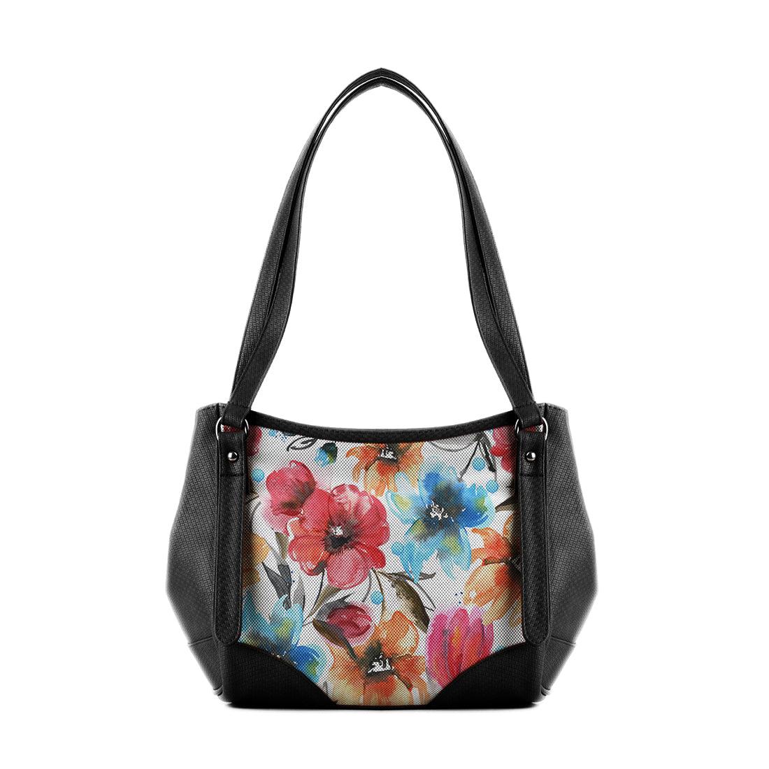 Black Leather Tote Bag White Floral - CANVAEGYPT
