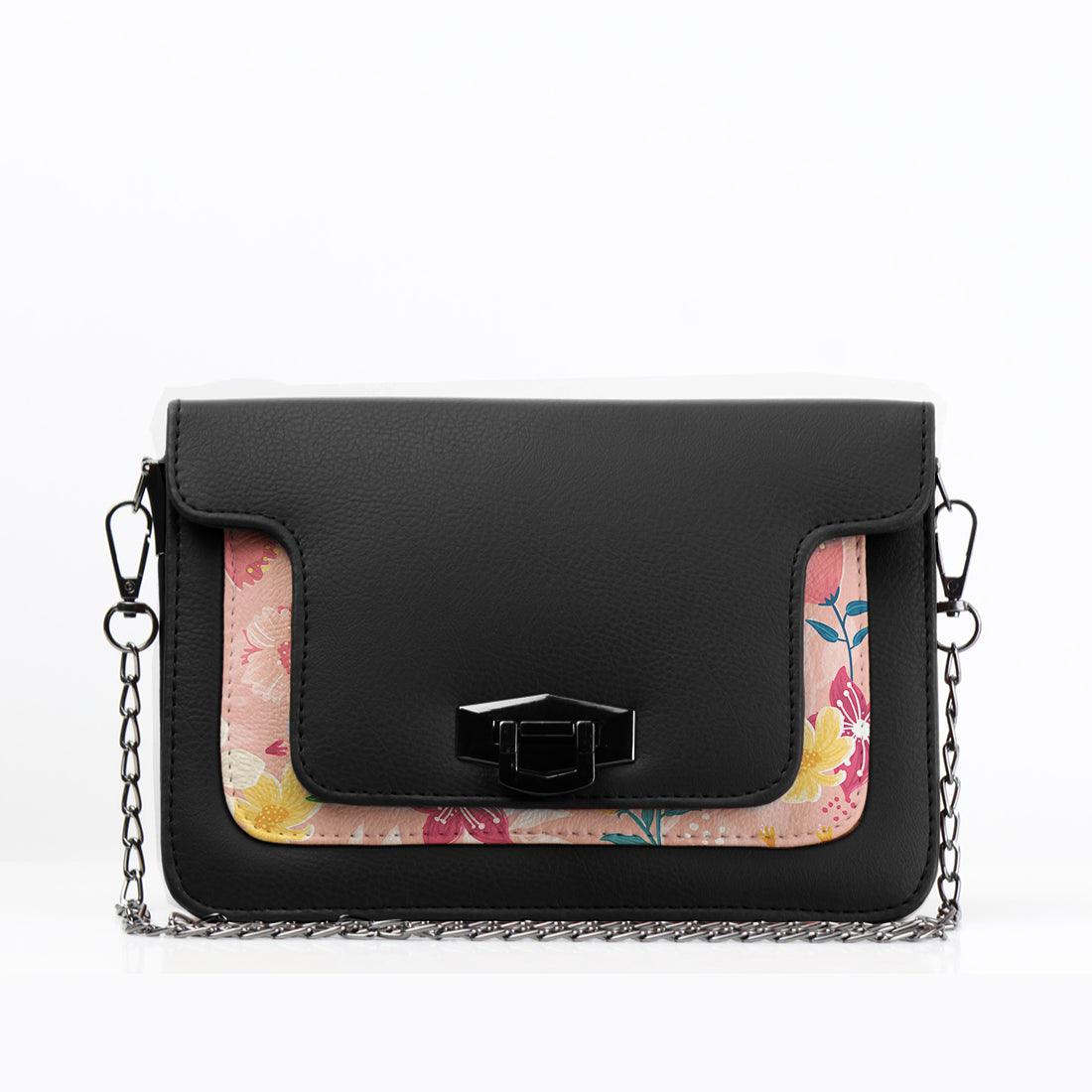 Black Mini Embossed Chain Bag Rose Floral - CANVAEGYPT
