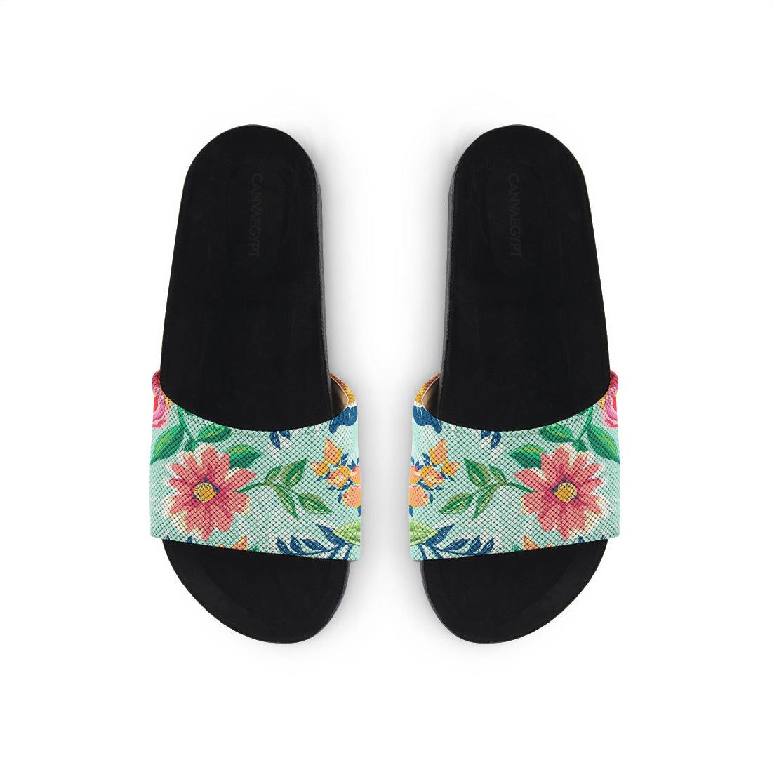 Black Slide Slipper Cyan Floral - CANVAEGYPT