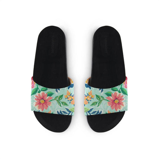 Black Slide Slipper Cyan Floral - CANVAEGYPT