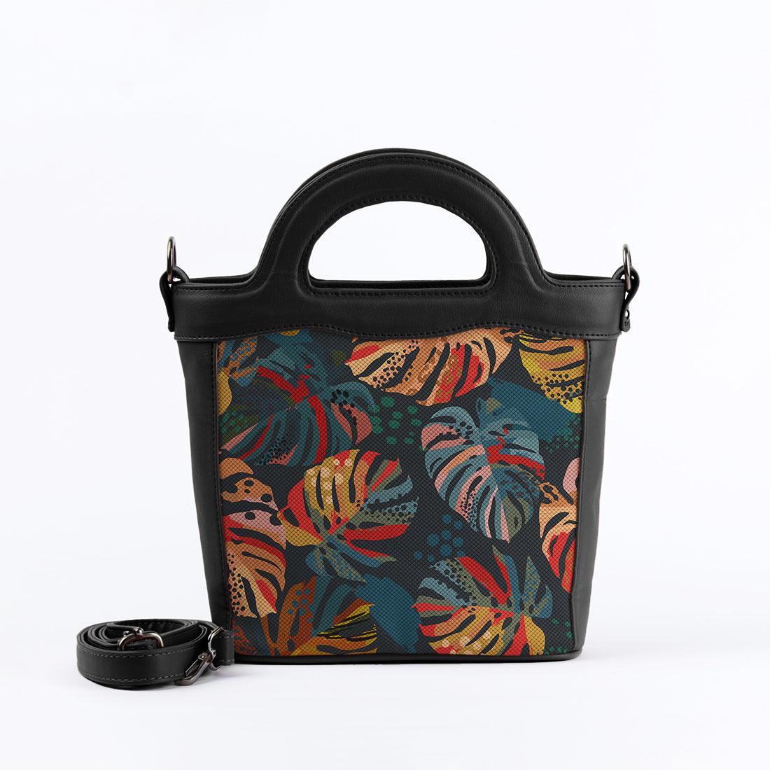 Black Top Handle Handbag Big Leafs - CANVAEGYPT