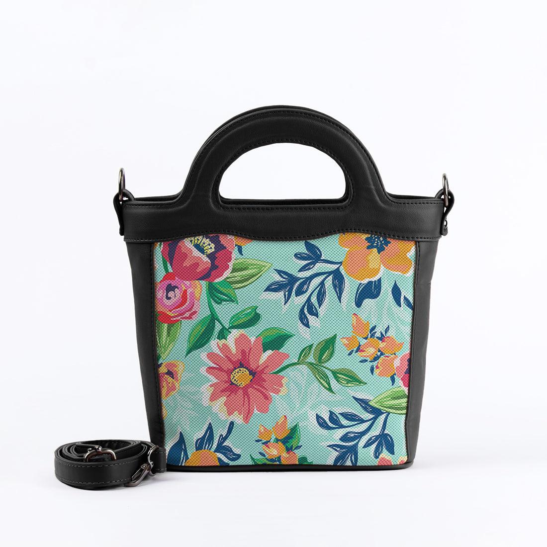 Black Top Handle Handbag Cyan Floral - CANVAEGYPT