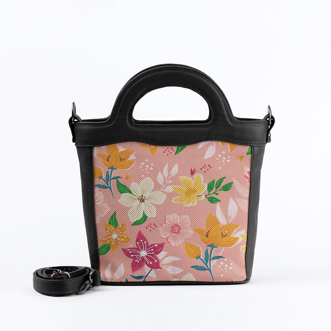 Black Top Handle Handbag Pink Floral - CANVAEGYPT