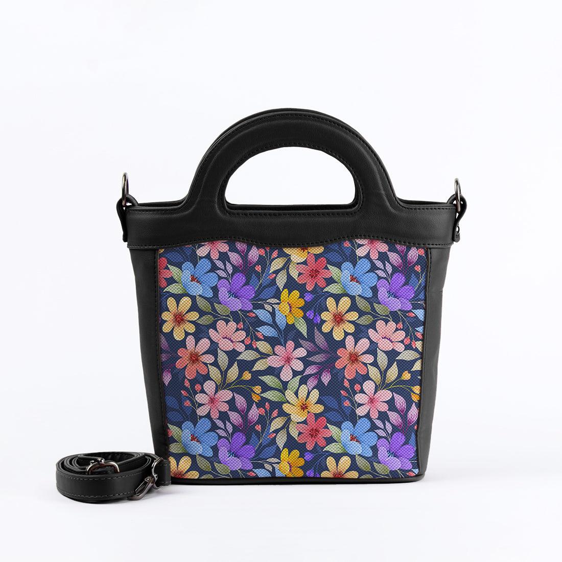Black Top Handle Handbag Purple Floral - CANVAEGYPT
