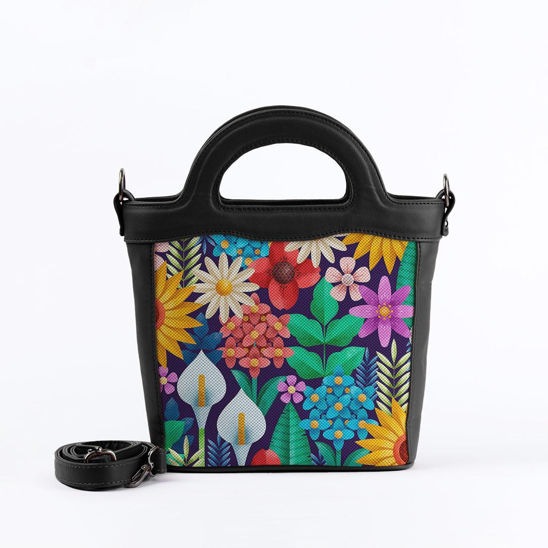 Black Top Handle Handbag Standing Flowers - CANVAEGYPT