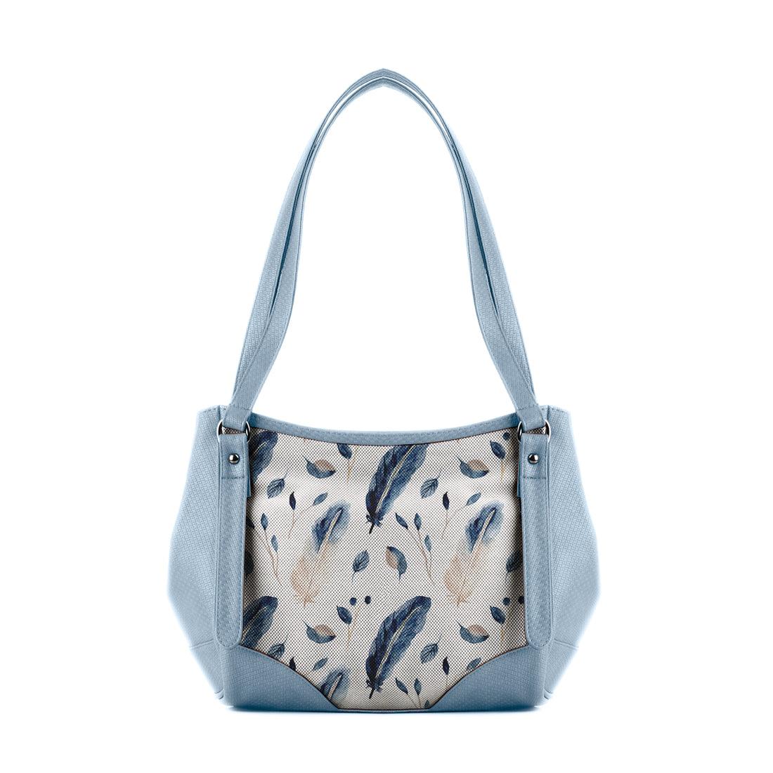 Blue Leather Tote Bag Feathers - CANVAEGYPT