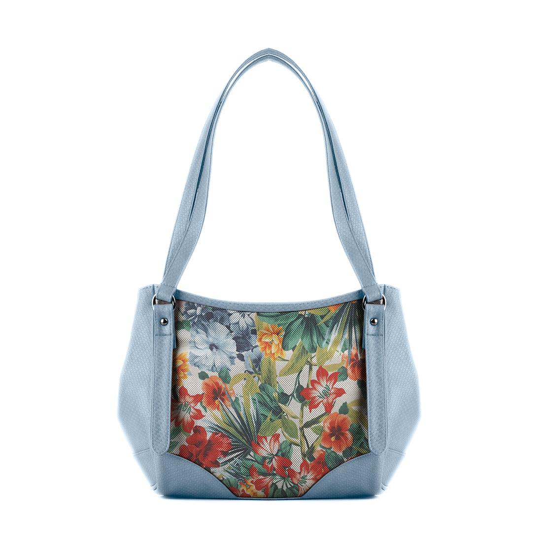 Blue Leather Tote Bag Flowers - CANVAEGYPT