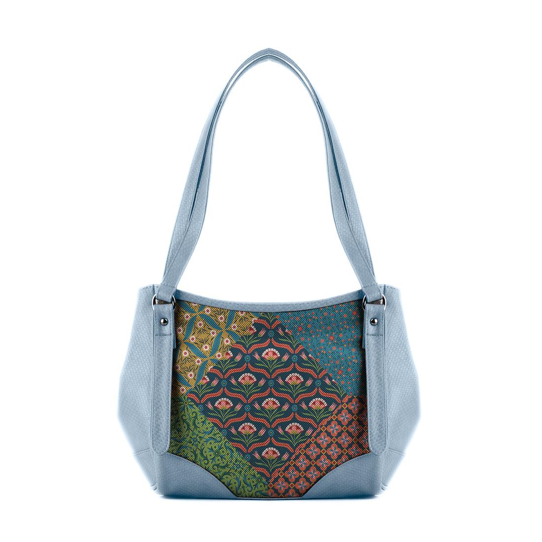 Blue Leather Tote Bag Flowers Pattern - CANVAEGYPT