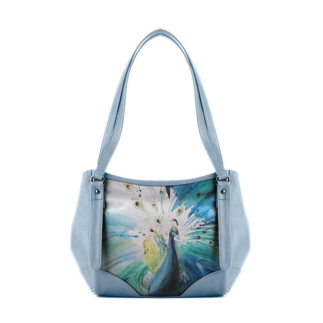 Blue Leather Tote Bag Peacock art - CANVAEGYPT