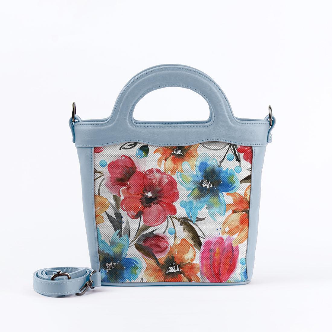 Blue Top Handle Handbag White Floral - CANVAEGYPT