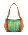 Leather Tote Bag Green Lines