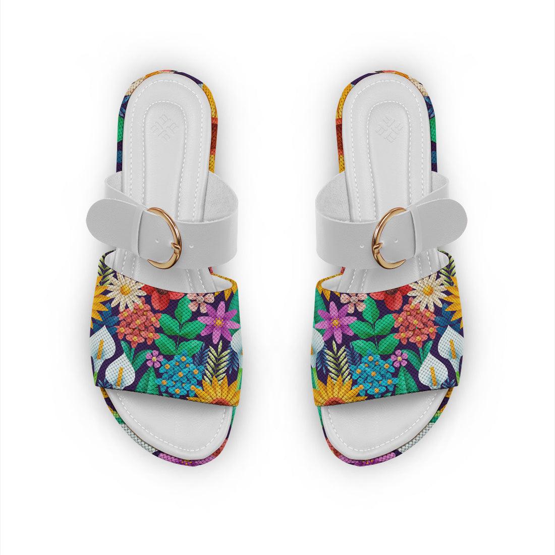 White Buckle Slide Slipper Standing Flowers - CANVAEGYPT