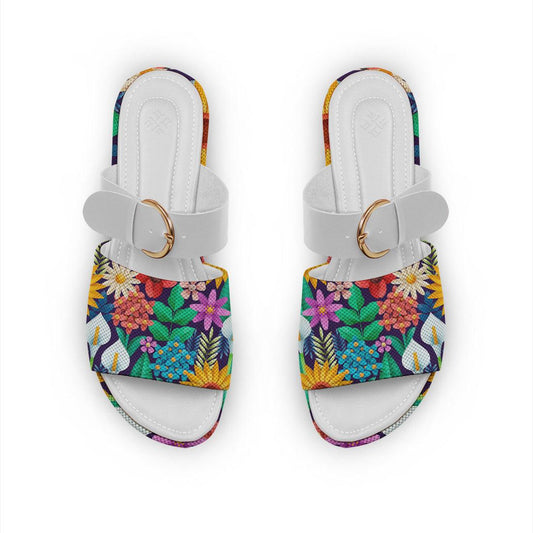 White Buckle Slide Slipper Standing Flowers - CANVAEGYPT