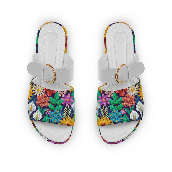 White Buckle Slide Slipper Standing Flowers - CANVAEGYPT