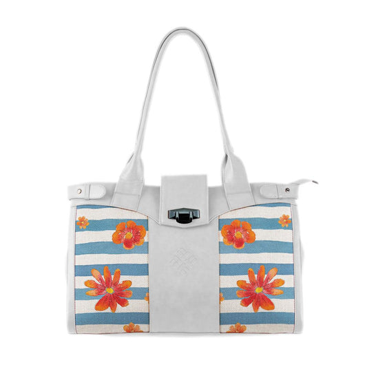 White Double Handle Large Bag Blue Floral - CANVAEGYPT