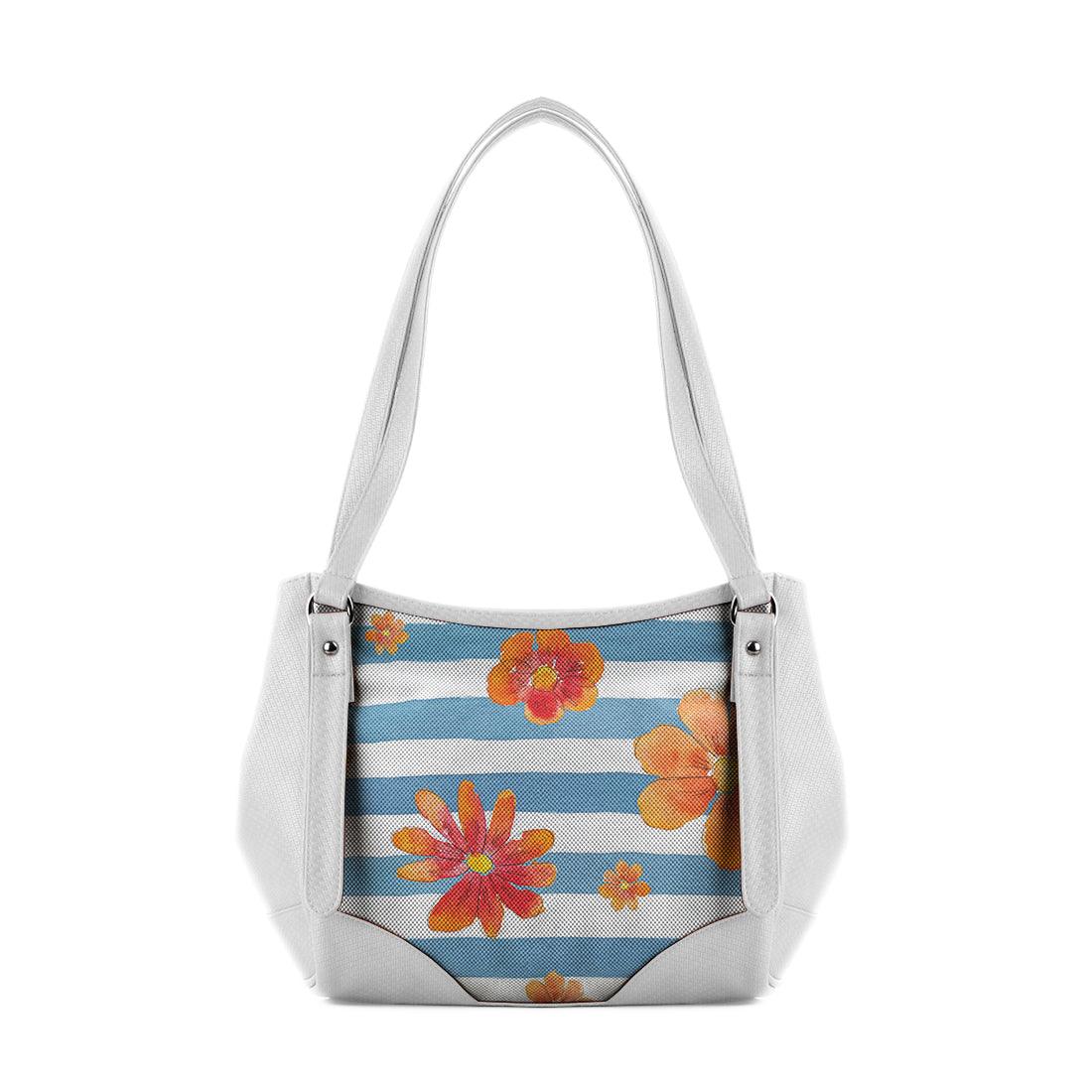White Leather Tote Bag Floral Blue - CANVAEGYPT