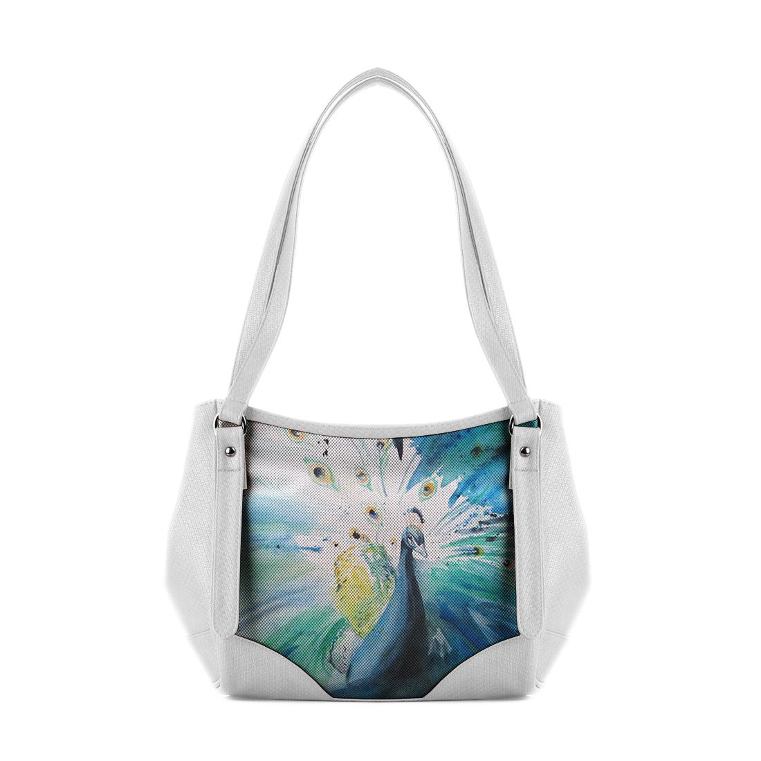 White Leather Tote Bag Peacock Art - CANVAEGYPT