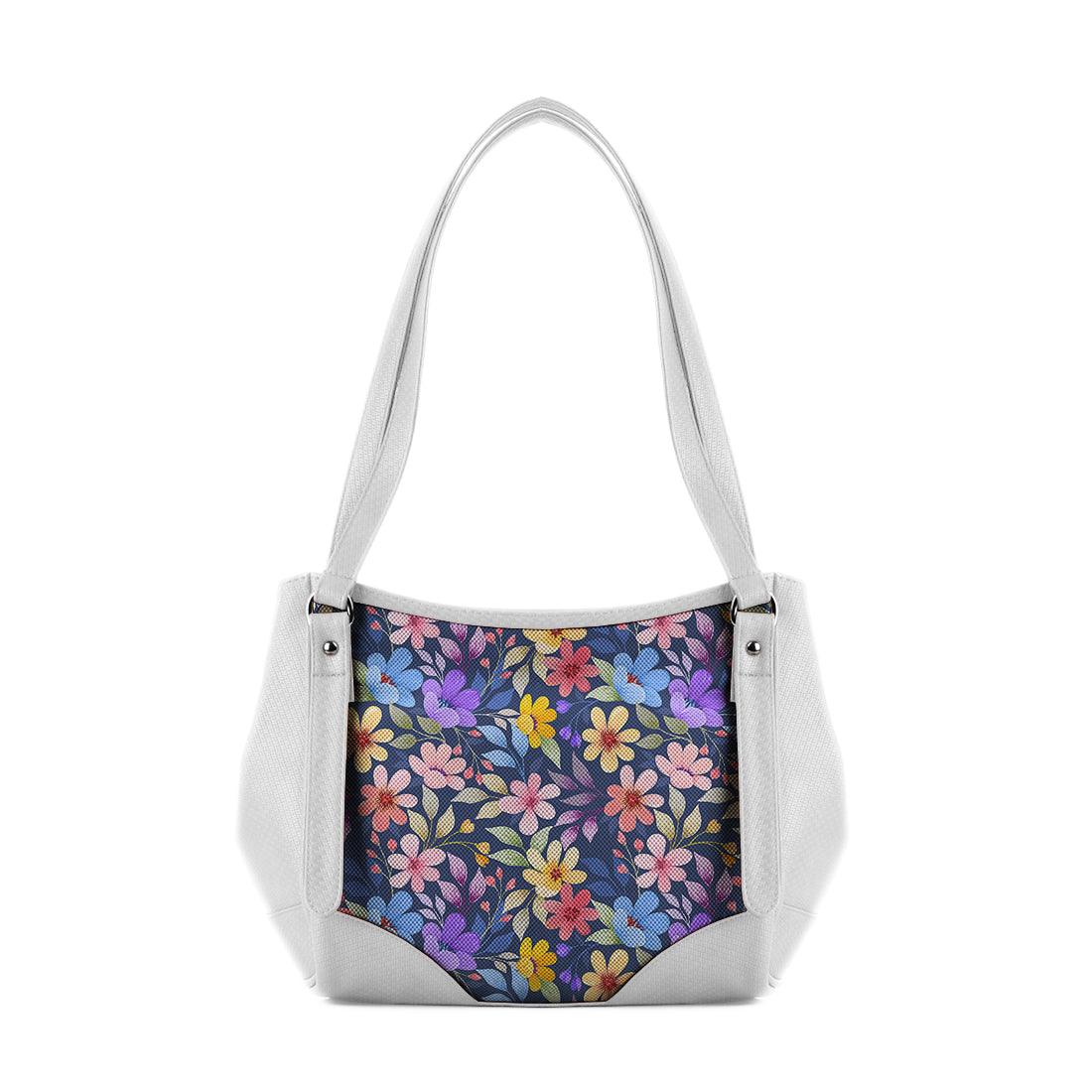 White Leather Tote Bag Purple Floral - CANVAEGYPT