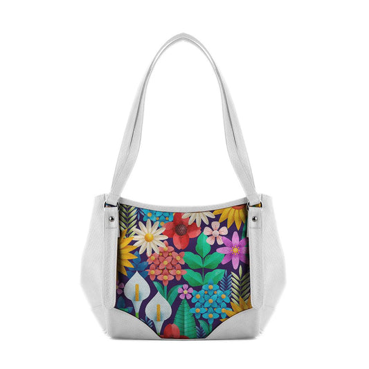 White Leather Tote Bag Standing Flowers - CANVAEGYPT