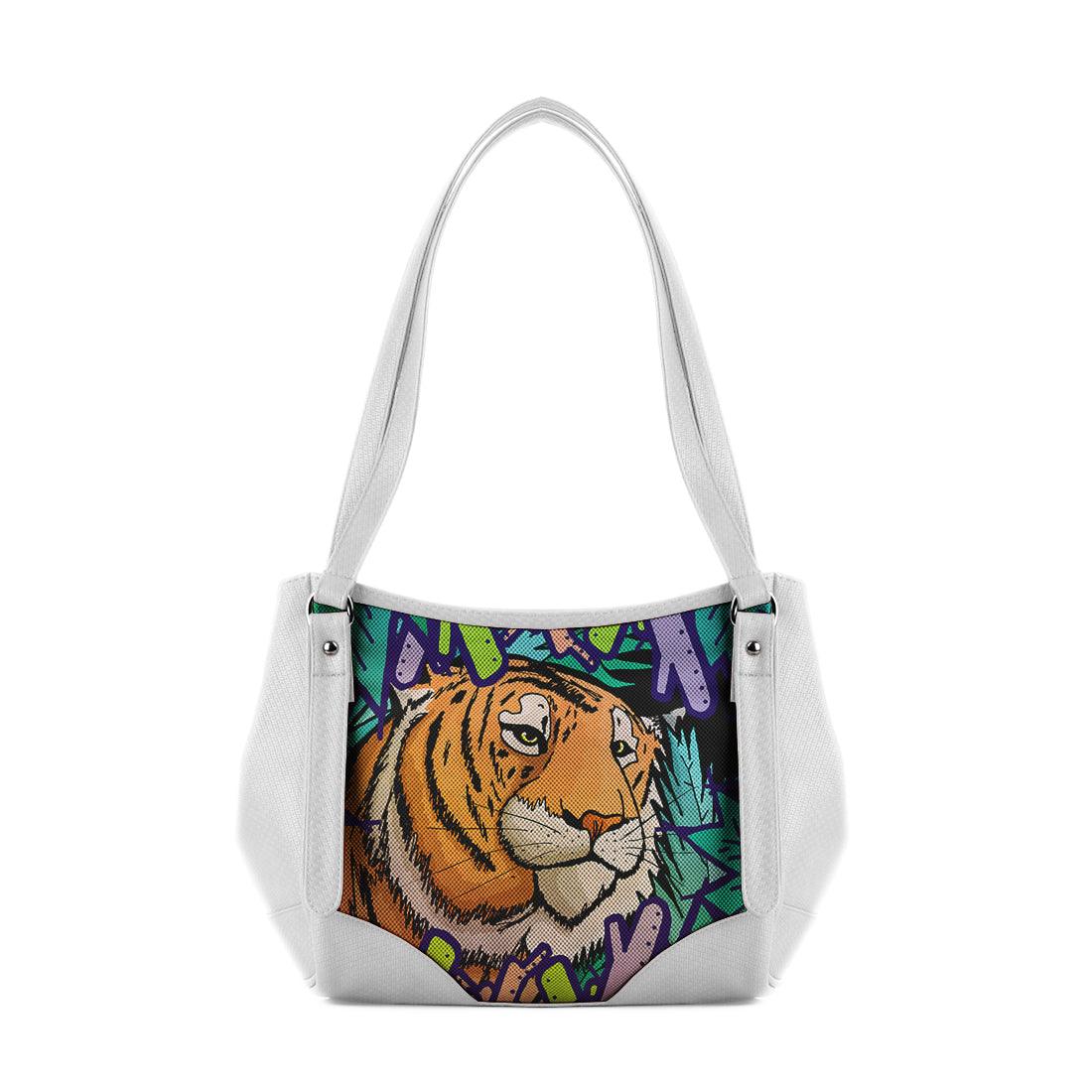 White Leather Tote Bag Tiger In The Jungle - CANVAEGYPT