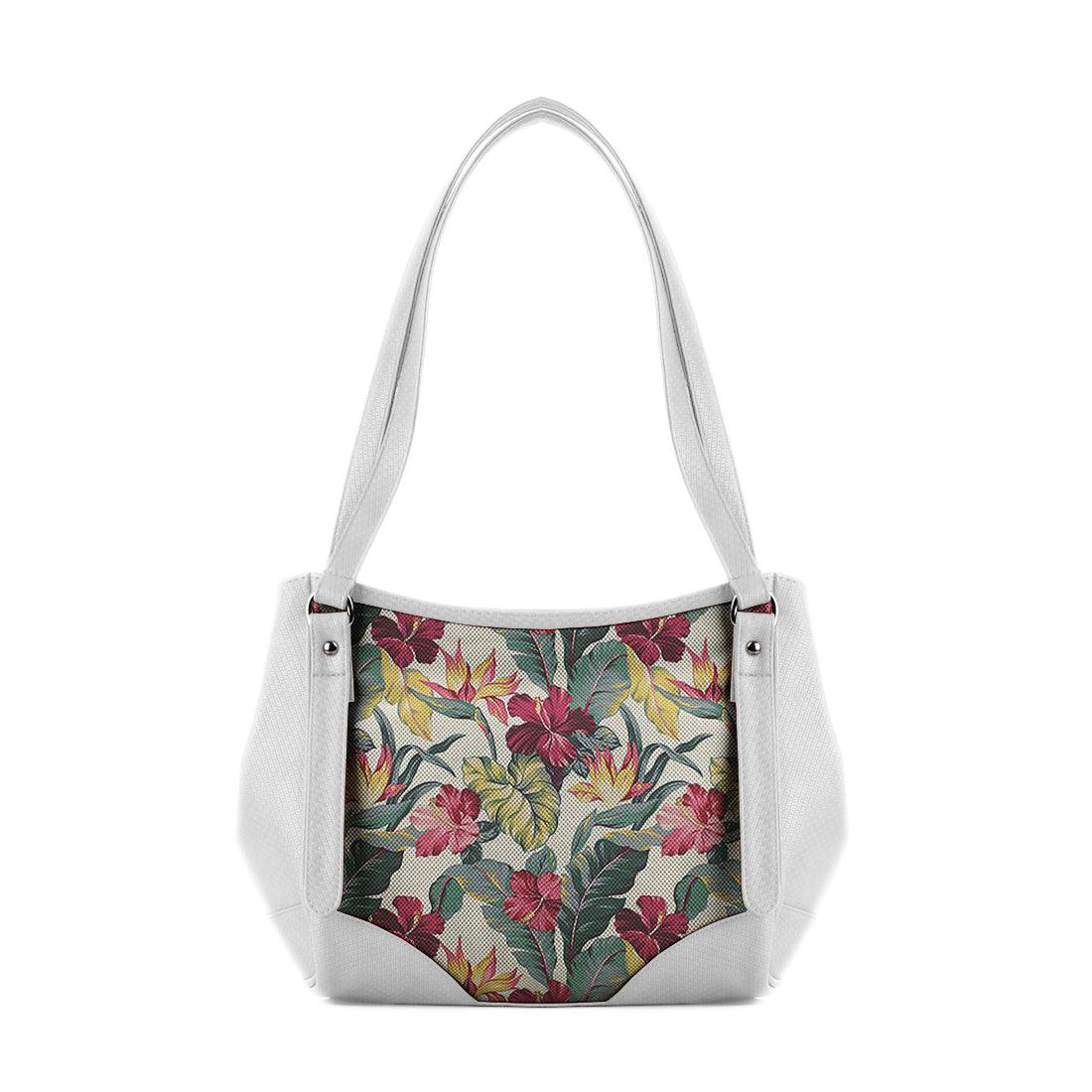 White Leather Tote Bag Tropical Flowers - CANVAEGYPT