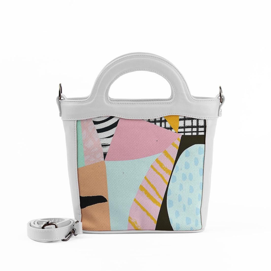 White Top Handle Handbag Abstract Shapes - CANVAEGYPT