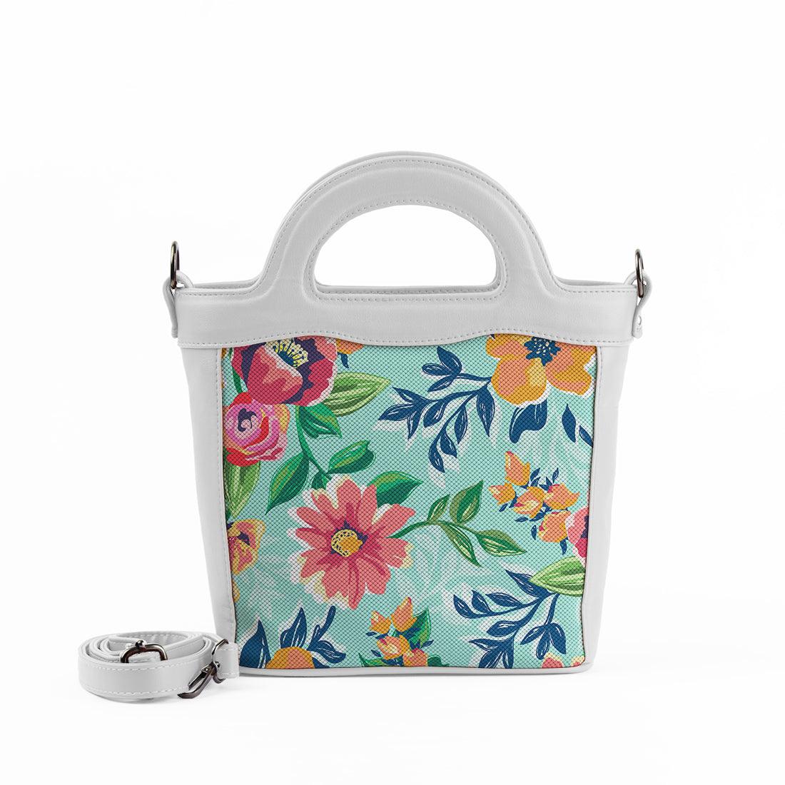 White Top Handle Handbag Cyan Floral - CANVAEGYPT