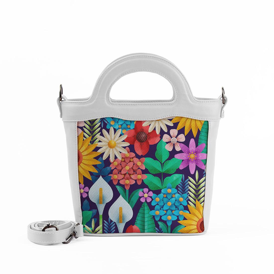 White Top Handle Handbag Standing Flowers - CANVAEGYPT