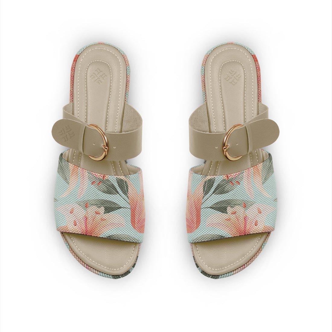 Beige Buckle Slide Slipper Flower - CANVAEGYPT