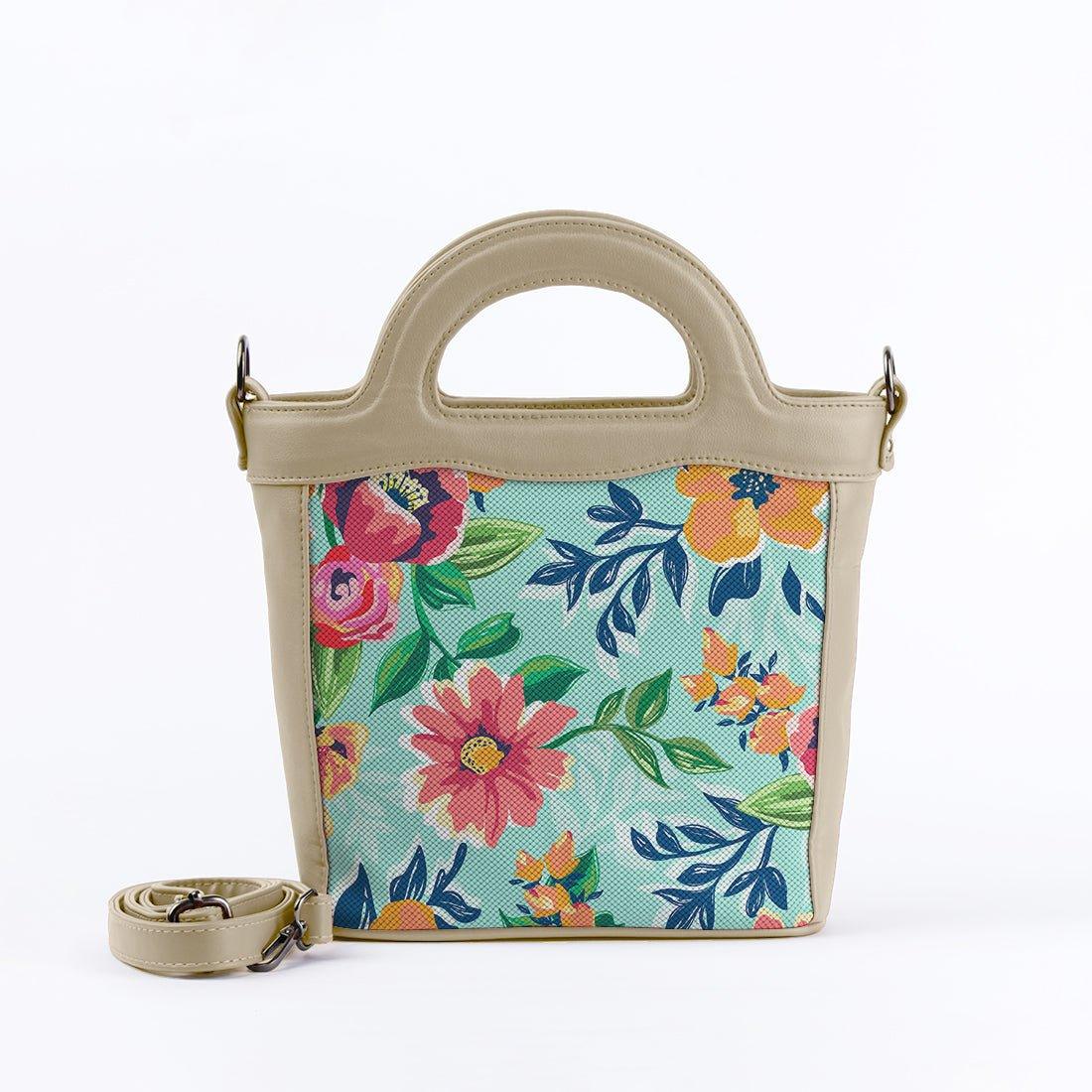 Beige Top Handle Handbag Cyan Floral - CANVAEGYPT