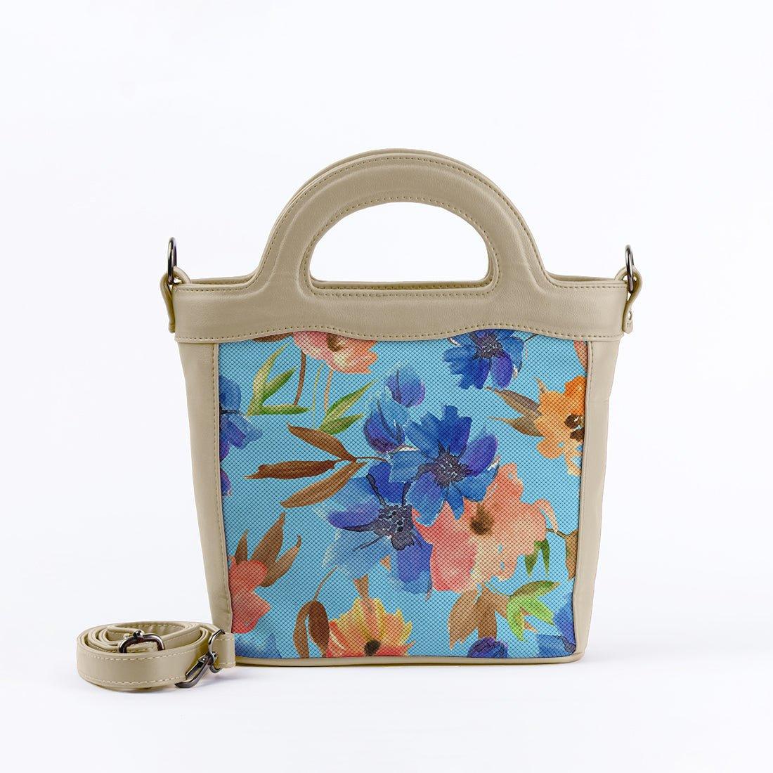 Beige Top Handle Handbag Floral in blue - CANVAEGYPT