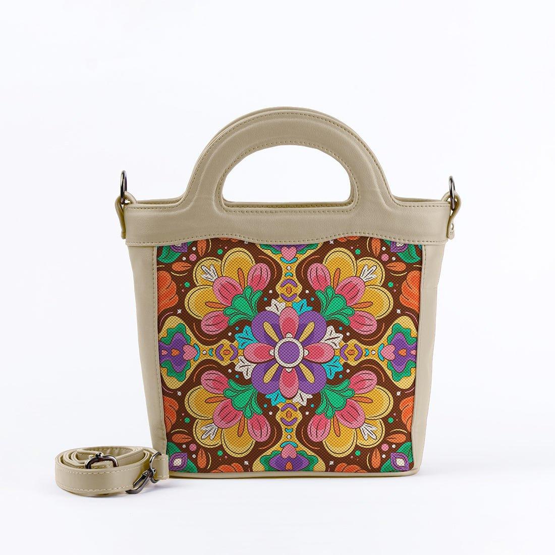 Beige Top Handle Handbag Flower Art - CANVAEGYPT