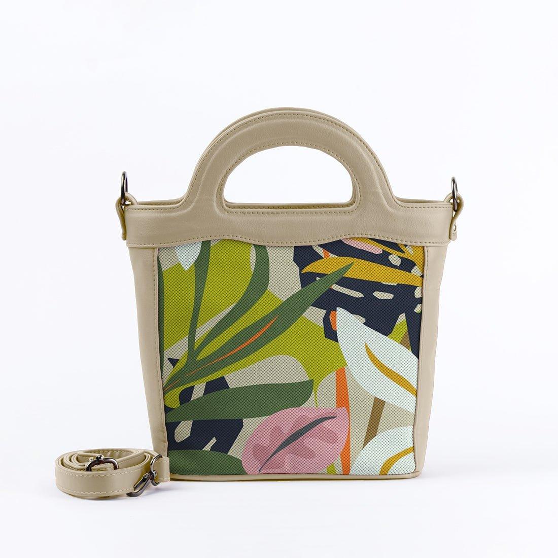 Beige Top Handle Handbag Leaves Abstract - CANVAEGYPT