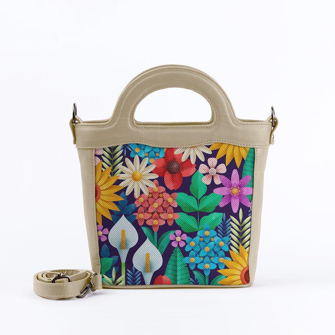Beige Top Handle Handbag Standing Flowers - CANVAEGYPT